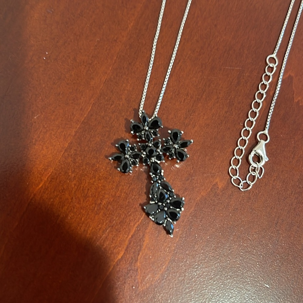 Sterling Silver and Black Stones Cross Necklace